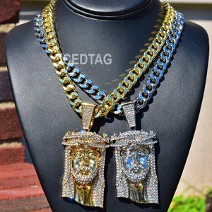 Jumbo Lab Diamond Iced Out Gold Plated Jesu head Pendant & 30" Necklace Chain